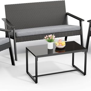 Ahomly 4-Piece Outdoor Wicker Patio Furniture Set with Deep Seating Cushions and Table for Balcony, Backyard, and Porch (Gray)