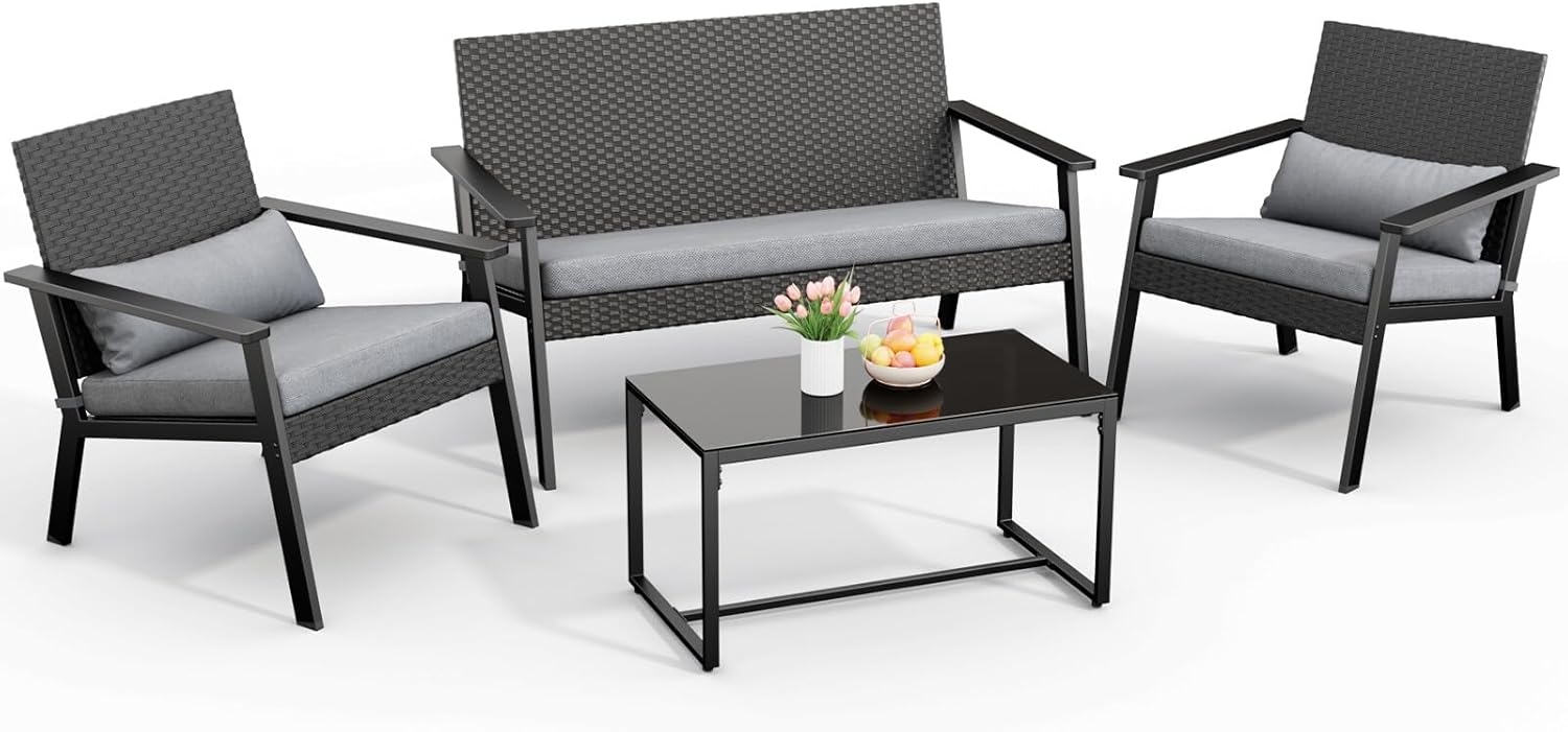 Ahomly 4-Piece Outdoor Wicker Patio Furniture Set with Deep Seating Cushions and Table for Balcony, Backyard, and Porch (Gray)