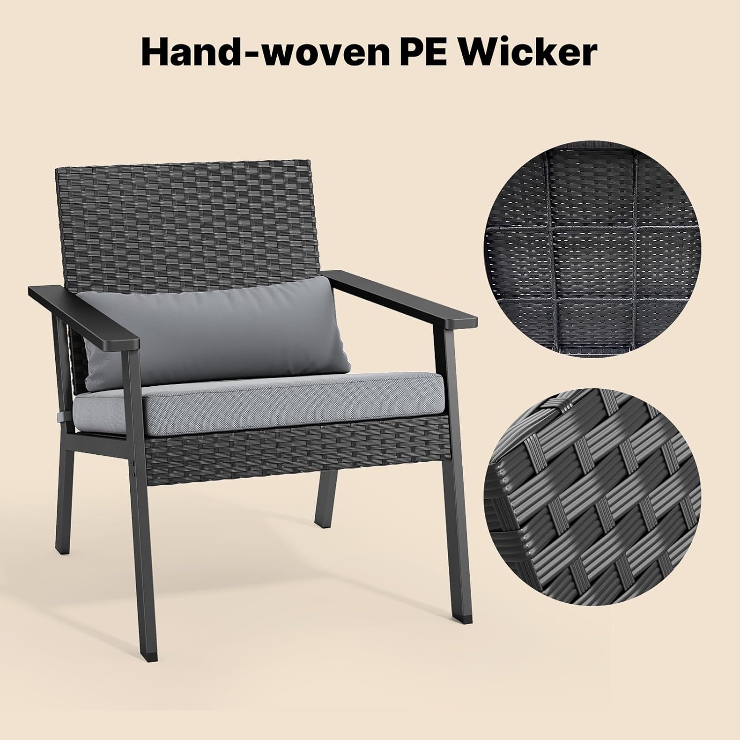 Ahomly 4-Piece Outdoor Wicker Patio Furniture Set with Deep Seating Cushions and Table for Balcony, Backyard, and Porch (Gray) - Image 7