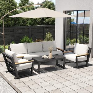 Aluminum Outdoor Sofa,4 Seats Modern Patio Furniture Set,Sectional Sofa Conversation Set with Coffee Table, Upgraded Washable Cushions for Garden Backyard,Grey