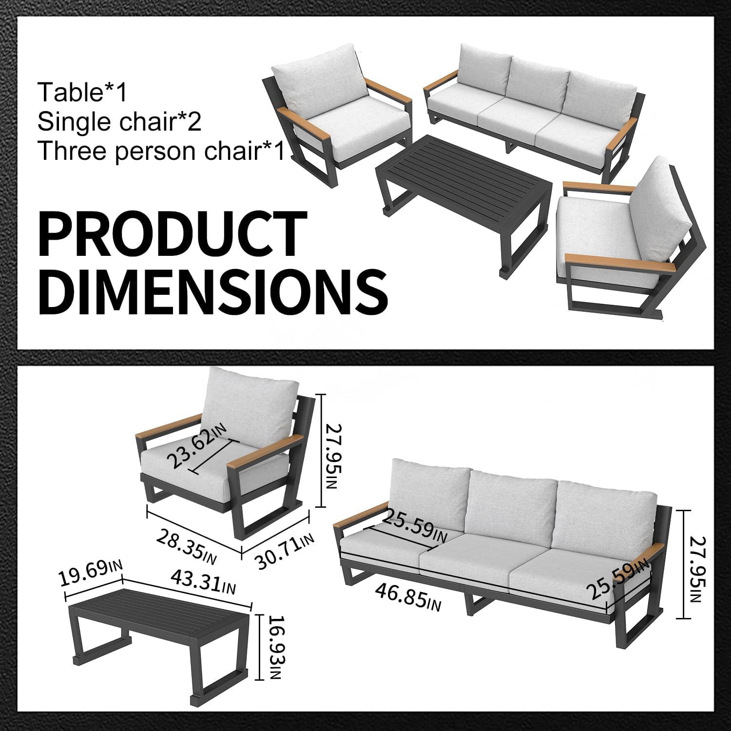 Aluminum Outdoor Sofa,4 Seats Modern Patio Furniture Set,Sectional Sofa Conversation Set with Coffee Table, Upgraded Washable Cushions for Garden Backyard,Grey - Image 4