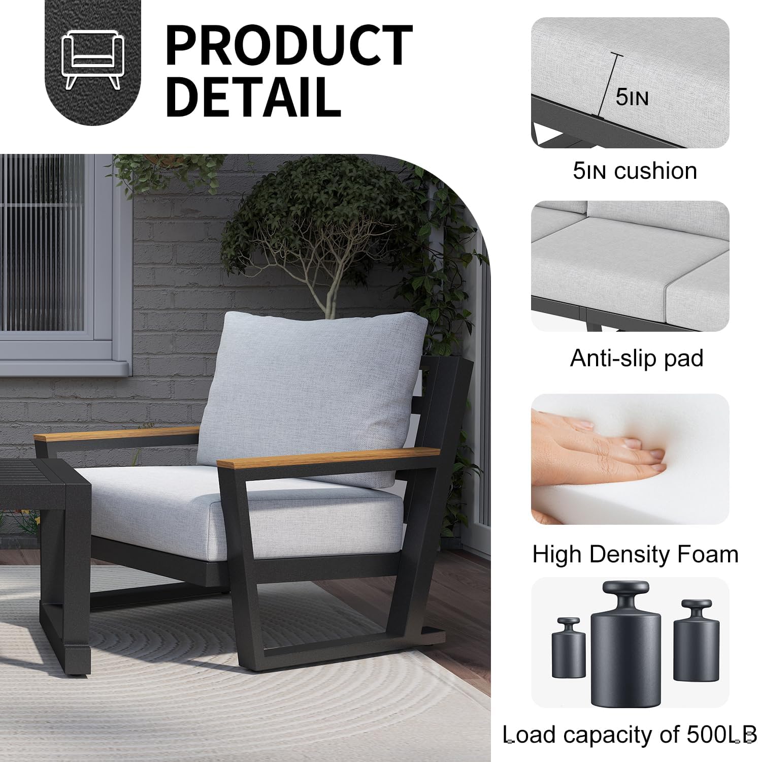 Aluminum Outdoor Sofa,4 Seats Modern Patio Furniture Set,Sectional Sofa Conversation Set with Coffee Table, Upgraded Washable Cushions for Garden Backyard,Grey - Image 6