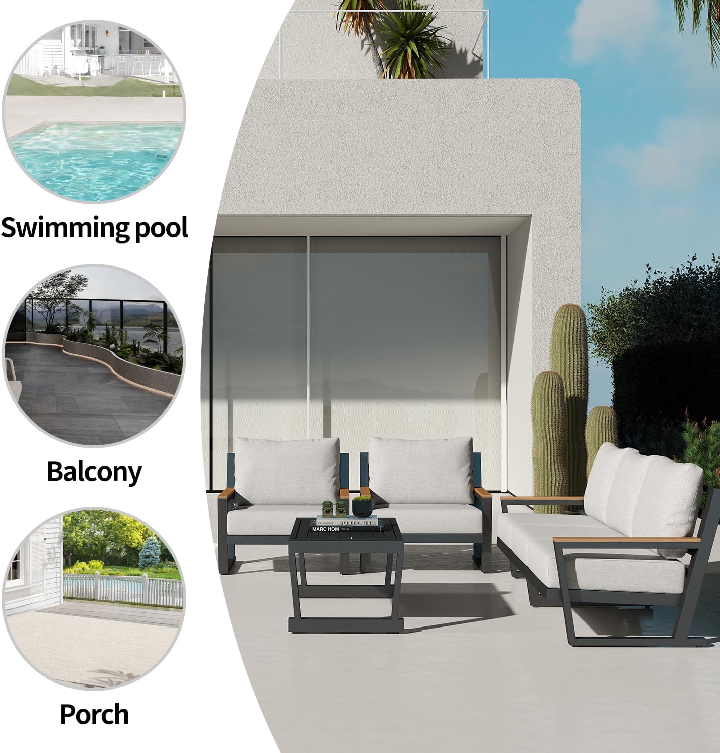 Aluminum Outdoor Sofa,4 Seats Modern Patio Furniture Set,Sectional Sofa Conversation Set with Coffee Table, Upgraded Washable Cushions for Garden Backyard,Grey - Image 7