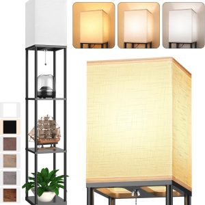 Floor Lamp with Shelves for Living Room, Shelf Floor Lamp with 3 CCT LED Bulb, Corner Display Standing Column Lamp Etagere Organizer Tower Nightstand with White Linen Shade for Bedroom, Office
